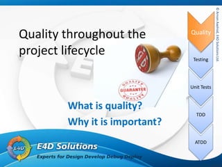 ©ArnonAxelrod,E4DSolutionsLtd.
Quality
Testing
Unit Tests
TDD
ATDD
©ArnonAxelrod,E4DSolutionsLtd.
Quality throughout the
project lifecycle
What is quality?
Why it is important?
Quality
 