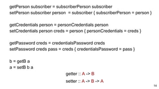 getPerson subscriber = subscriberPerson subscriber
setPerson subscriber person = subscriber { subscriberPerson = person }
...