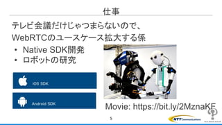 仕事
テレビ会議だけじゃつまらないので、
WebRTCのユースケース拡大する係
• Native SDK開発
• ロボットの研究
5
Movie: https://bit.ly/2MznaKF
 
