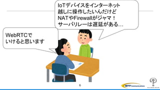 6
IoTデバイスをインターネット
越しに操作したいんだけど
NATやFirewallがジャマ！
サーバリレーは遅延がある…
WebRTCで
いけると思います
 