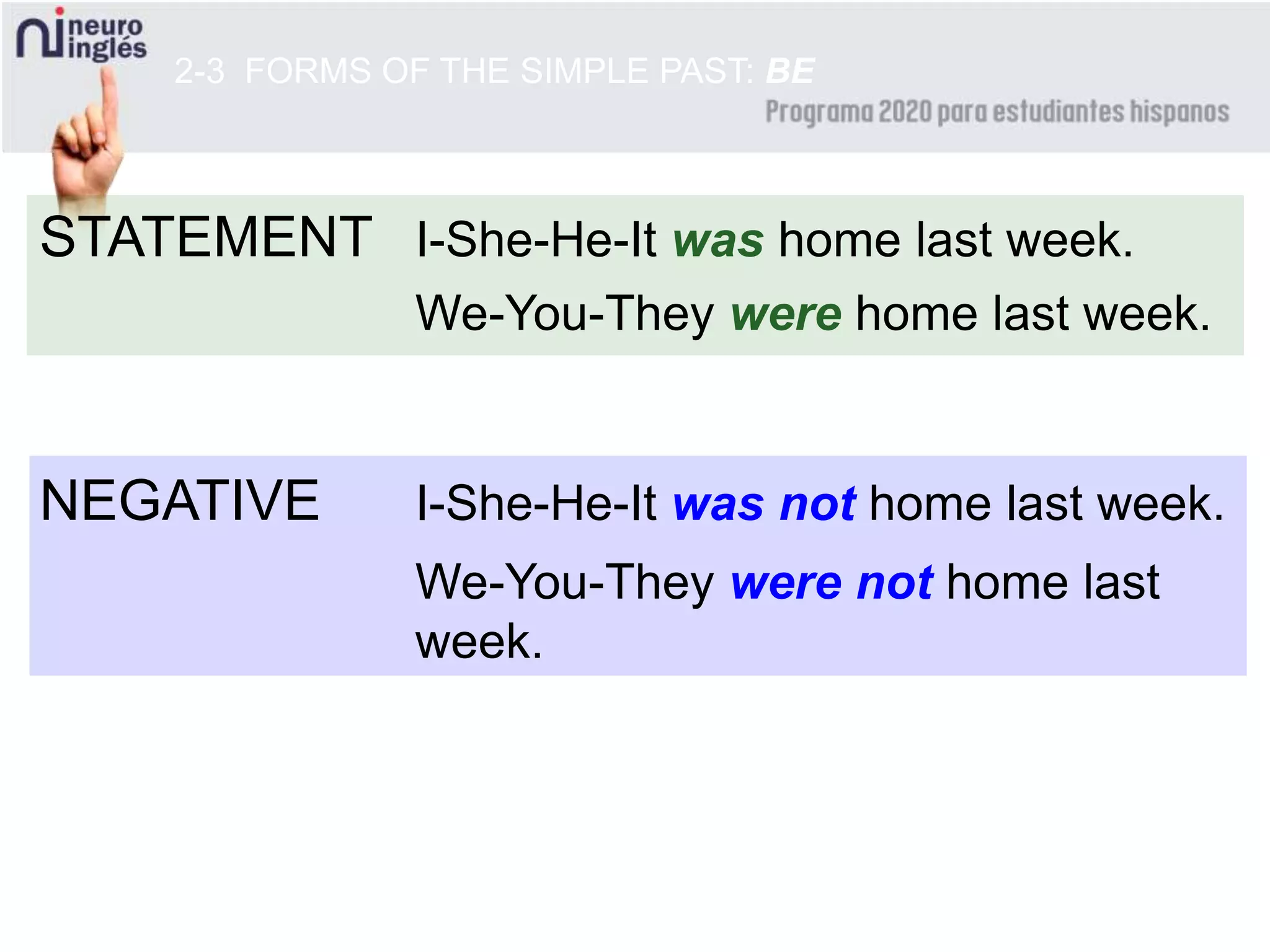 STATEMENT
NEGATIVE I-She-He-It was not home last week.
2-3 FORMS OF THE SIMPLE PAST: BE
I-She-He-It was home last week.
We-You-They were home last week.
We-You-They were not home last
week.
 