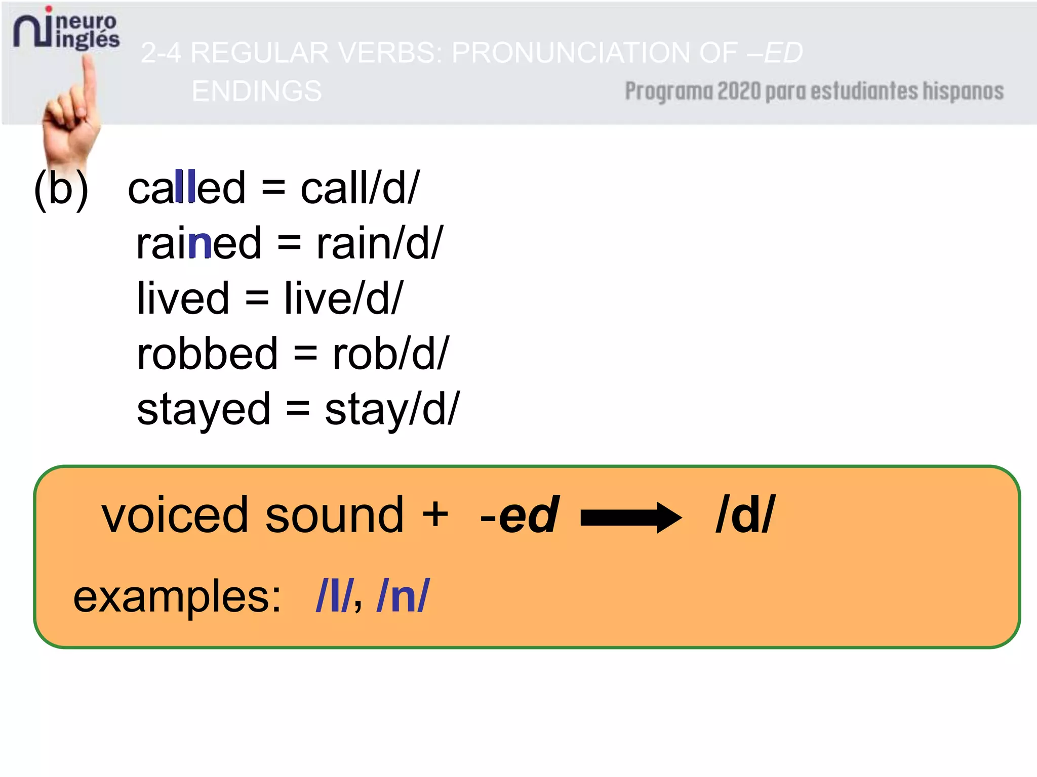voiced sound + -ed /d/
(b) called = call/d/
rained = rain/d/
lived = live/d/
robbed = rob/d/
stayed = stay/d/
examples:
ll
/l/ /n/
n
,
2-4 REGULAR VERBS: PRONUNCIATION OF –ED
ENDINGS
 