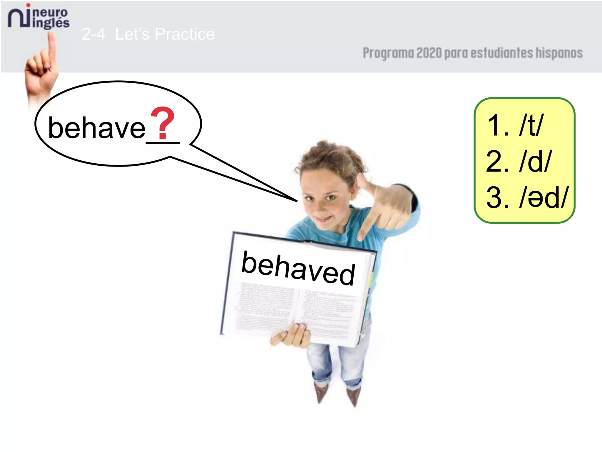 2-4 Let’s Practice
behave__ 1. /t/
2. /d/
3. / d/
e
?
 