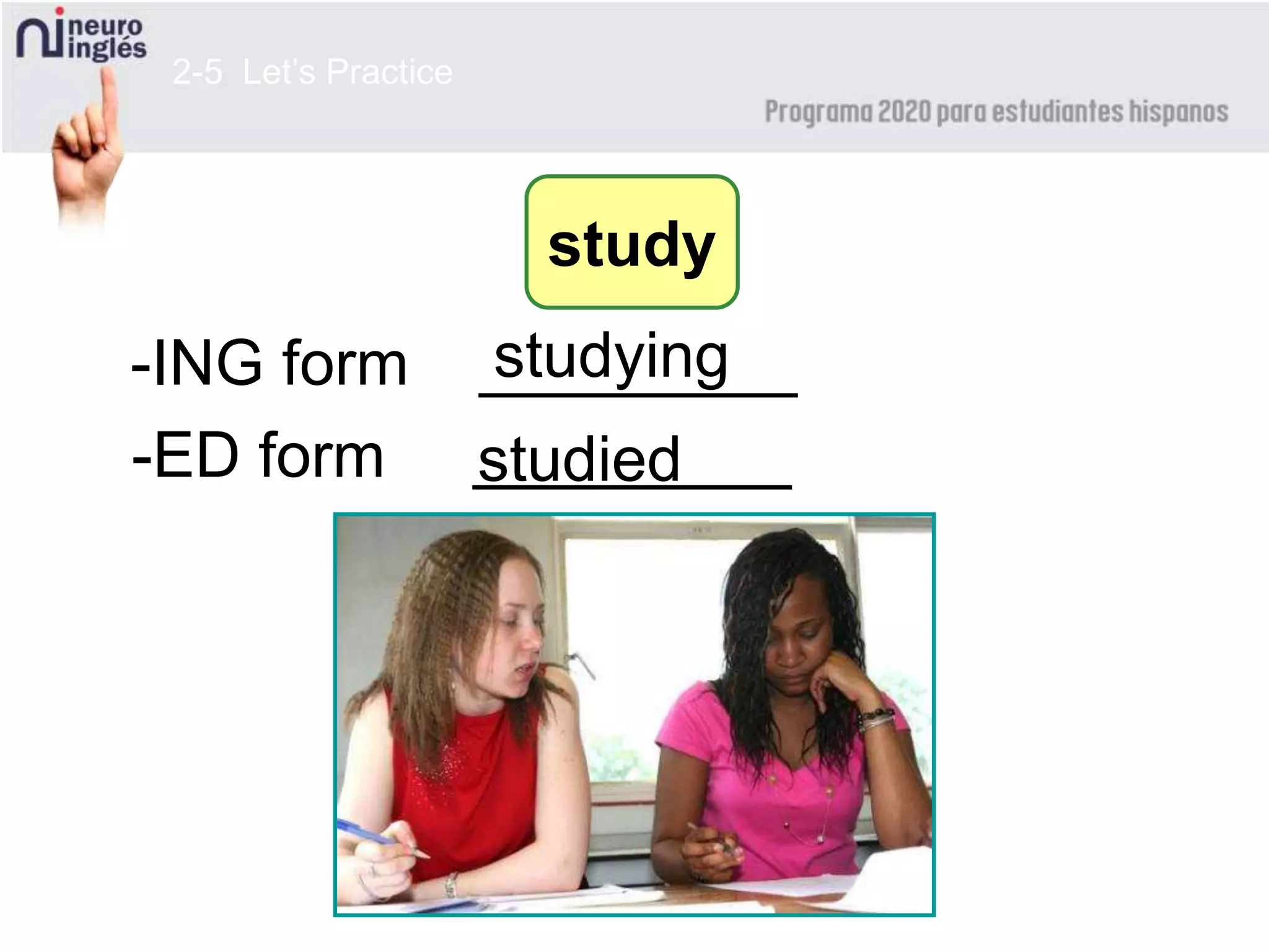 2-5 Let’s Practice
-ING form _________
study
-ED form _________
studying
studied
 
