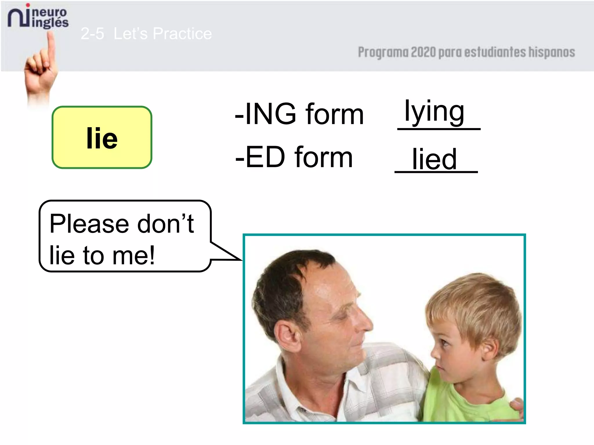 2-5 Let’s Practice
-ING form _____
lie
-ED form _____
lying
lied
Please don’t
lie to me!
 