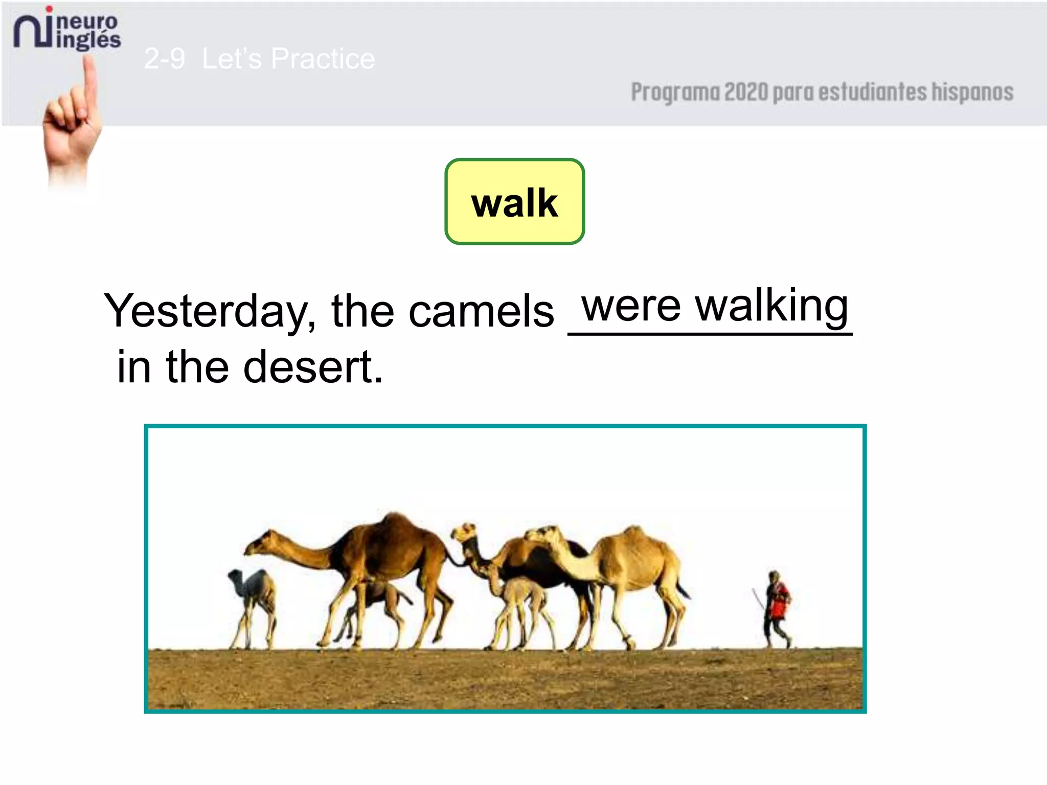 2-9 Let’s Practice
Yesterday, the camels ___________
in the desert.
walk
were walking
 