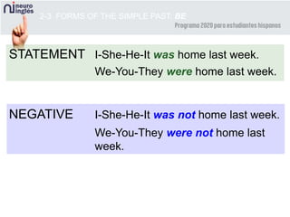 STATEMENT
NEGATIVE I-She-He-It was not home last week.
2-3 FORMS OF THE SIMPLE PAST: BE
I-She-He-It was home last week.
We-You-They were home last week.
We-You-They were not home last
week.
 