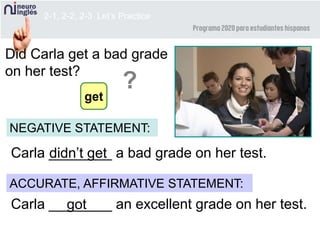 ACCURATE, AFFIRMATIVE STATEMENT:
2-1, 2-2, 2-3 Let’s Practice
Did Carla get a bad grade
on her test?
Carla ________ a bad grade on her test.
Carla ________ an excellent grade on her test.
didn’t get
got
NEGATIVE STATEMENT:
get
?
 