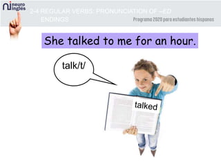 2-4 REGULAR VERBS: PRONUNCIATION OF –ED
ENDINGS
talk/t/
She talked to me for an hour.
 
