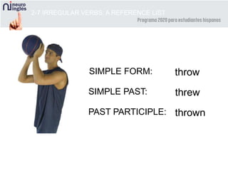 2-7 IRREGULAR VERBS: A REFERENCE LIST
SIMPLE FORM: throw
SIMPLE PAST: threw
PAST PARTICIPLE: thrown
 