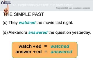 watch
2-1 EXPRESSING PAST TIME: THE SIMPLE PAST
(c) They watched the movie last night.
(d) Alexandra answered the question yesterday.
THE SIMPLE PAST
+ed = watched
answer +ed = answered
 