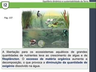I2
Equilíbrio dinâmico e sustentabilidade da Terra
A libertação para os ecossistemas aquáticos de grandes
quantidades de nutrientes leva ao crescimento de algas e de
fitoplâncton. O excesso de matéria orgânica aumenta a
decomposição, o que provoca a diminuição da quantidade de
oxigénio dissolvido na água.
Pág. 137
 