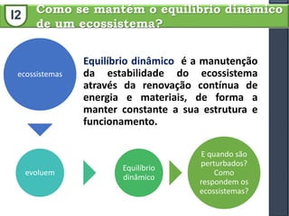 Como se mantém o equilíbrio dinâmico
de um ecossistema?
Equilíbrio dinâmico é a manutenção
da estabilidade do ecossistema
através da renovação contínua de
energia e materiais, de forma a
manter constante a sua estrutura e
funcionamento.
I2
ecossistemas
evoluem
Equilíbrio
dinâmico
E quando são
perturbados?
Como
respondem os
ecossistemas?
 