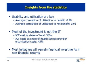 Insights from the statistics


     § Usability and utilisation are key
        – Average correlation of utilisation to benefit: 0.98
        – Average correlation of utilisation to net benefit: 0.91


     § Most of the investment is not the IT
        – ICT cost as share of total: 38%
        – ICT costs as share of health service provider
          organisation costs: 45%


     § Most initiatives will remain financial investments in
       non-financial returns

13                      i2010 Sub Group on eHealth, Brussels, 09 July 2009
 