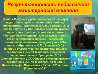 Результативність педагогічної
майстерності вчителя
Диплом ІІ ступеня у районній виставці - ярмарку
педагогічних ідей та технологій у номінації
«математика». ( Братковська С.М., Волювач О.Г.)
Диплом І ступеня у ХХ Обласній виставці-ярмарку
педагогічних ідей та технологій за темою
«Методичні рекомендації для факультативного
курсу «Елементарні функції» варіативної
складової навчального плану для учнів 8-9-х
класів » (Братковська С.М., Волювач О.Г.)
Диплом І ступеня у районній виставці-ярмарку
педагогічних ідей та технологій у номінації
«початкова школа» (Григоренко С.Г.)
Диплом І ступеня у ХХ Обласній виставці-ярмарку
педагогічних ідей та технологій за темою «
Дивосвіт цифр. Математика.» 1 клас. 1-2 частини.
(Григоренко С.Г.)

 