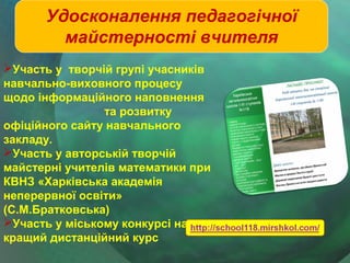 Удосконалення педагогічної
майстерності вчителя
Участь у творчій групі учасників
навчально-виховного процесу
щодо інформаційного наповнення
та розвитку
офіційного сайту навчального
закладу.
Участь у авторській творчій
майстерні учителів математики при
КВНЗ «Харківська академія
неперервної освіти»
(С.М.Братковська)
Участь у міському конкурсі на
кращий дистанційний курс

 