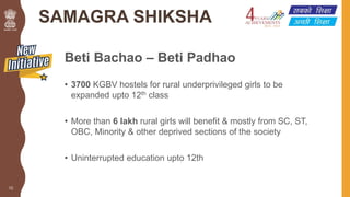 SAMAGRA SHIKSHA
Beti Bachao – Beti Padhao
• 3700 KGBV hostels for rural underprivileged girls to be
expanded upto 12th cla...
