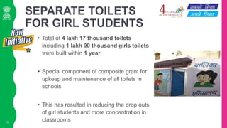 SEPARATE TOILETS
FOR GIRL STUDENTS
• Total of 4 lakh 17 thousand toilets
including 1 lakh 90 thousand girls toilets
were b...
