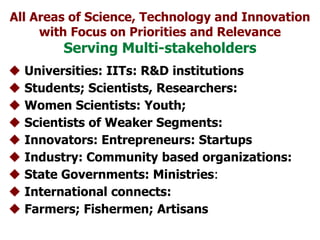 All Areas of Science, Technology and Innovation
with Focus on Priorities and Relevance
Serving Multi-stakeholders
 Univer...