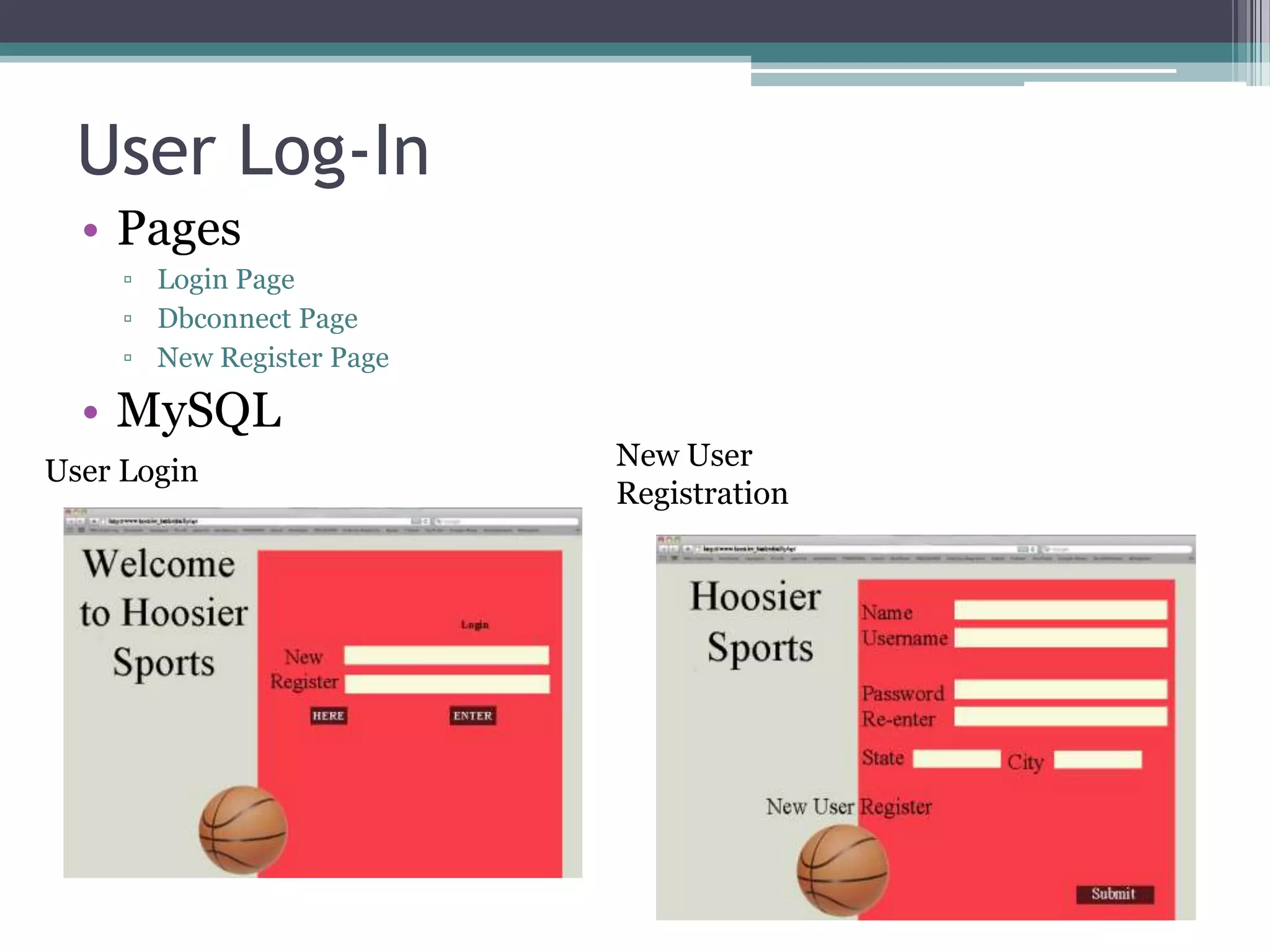 User Log-InPagesLogin PageDbconnect PageNew Register PageMySQLNew User RegistrationUser Login