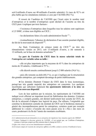 — 38 — 
soit 8 milliards d’euros sur 40 milliards d’assiette salariale). Ce taux de 92 % est 
plus faible que les simulations réalisées ex ante par l’ACOSS (98,5 %). 
Il ressort de l’audition de l’ACOSS que l’écart entre le nombre total 
d’entreprises et le nombre d’entreprises ayant déclaré de l’assiette au titre du 
CICE peut s’expliquer par trois facteurs : 
– l’existence d’entreprises dans lesquelles tous les salaires sont supérieurs 
à 2,5 SMIC, et donc non éligibles au CICE ; 
– les déclarations faites à la seule administration fiscale (1) ; 
– éventuellement, l’absence de déclaration d’une assiette pourtant éligible, 
du fait de la nouveauté du dispositif (2). 
Au final, l’estimation de créance totale de CICE (3) au titre des 
rémunérations versées en 2013, soit 13 milliards d’euros, a été ramenée à 
12 milliards, sur la base de données actualisées (4). 
La part de l’assiette du CICE dans la masse salariale totale de 
l’entreprise est variable selon sa taille : 
– elle est plus importante que la moyenne de 65 % dans les entreprises de 
moins de 10 salariés, s’établissant à 79 % ; 
– elle décroît ensuite continuellement jusqu’à 2 000 salariés (54,6 %) ; 
– puis elle remonte au-delà (60,3 %), ce qui s’explique par la structuration 
des grandes entreprises, qui comptent davantage de petits établissements. 
● Ces données illustrent l’impact du CICE dans le tissu économique, 
puisqu’une très grande majorité des entreprises est concernée. Les quelques 
incertitudes qui subsistent traduisent les ajustements inhérents à la mise en 
place d’un nouveau dispositif. 
Lors de leur audition par la mission, les représentants de l’ACOSS ont 
indiqué avoir effectué un important travail de fiabilisation des données. Certaines 
entreprises, y compris grandes, ont déclaré tardivement leur assiette de CICE, du 
fait de la nécessité d’adapter leur logiciel de paye. Par ailleurs, l’originalité que 
constitue la déclaration cumulée du montant de CICE sur le bordereau mensuel a 
généré des incompréhensions parmi les entreprises, certaines ayant par exemple 
additionné le « stock » d’assiette des mois passés avec le « flux » des mois en 
cours, produisant à la fin de l’année des montants exorbitants. 
(1) L’administration fiscale demandera à ces entreprises de régulariser leur situation auprès des URSSAF. 
(2) Comme l’indiquait le directeur général de l’ACOSS, « il est normal que, sur 2 millions d’entreprises, 
certaines n’aient pas compris qu’elles entraient dans le champ du CICE ». 
(3) Que cette créance soit ou non immédiatement restituable. 
(4) Et tenant compte de l’assiette des entreprises affiliées à la MSA, estimée à environ 10 milliards d’euros. 
 