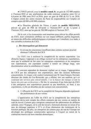 — 62 — 
● L’OFCE prévoit, avec le modèle e-mod. fr, un gain de 152 000 emplois 
à l’horizon 2018 et une amélioration du solde extérieur comprise entre 0,3 et 
0,4 point de PIB entre 2015 et 2018, pour un gain de PIB de 0,1 % en 2018. 
L’impact estimé des autres mesures du Pacte de responsabilité sur l’emploi est 
compris entre 60 000 et 80 000 créations. 
● La Direction générale du Trésor, à partir du modèle MESANGE, 
prévoit un gain de PIB de 0,9 point à l’horizon 2017 et de 1,1 point à 
l’horizon 2022, ainsi qu’un gain de 396 000 emplois à l’horizon 2017. 
On le voit, si les économistes sont unanimes pour relever les effets positifs 
du CICE, leurs estimations chiffrées sur son impact diffèrent, parfois largement, 
en raison des difficultés méthodologiques et pratiques qui s’attachent, à ce stade, à 
une véritable évaluation du CICE. 
c. Des interrogations qui demeurent 
i. Un niveau de concurrence insuffisant dans certains secteurs pourrait 
diminuer l’efficacité du CICE 
Le CICE vise à renforcer la compétitivité du secteur exportateur. Les 
obstacles légaux s’opposant à un ciblage exclusif sur les entreprises exportatrices, 
ainsi que la solidarité de fait entre les entreprises exportatrices et les entreprises 
non exportatrices, ont cependant conduit à retenir un ciblage large, sans 
discrimination selon la contribution à l’export. 
Il convient cependant de demeurer vigilant sur ce risque, l’appropriation 
du CICE par des entreprises non exportatrices, dans des secteurs faiblement 
concurrentiels. Ce risque a été soulevé notamment par M. Jean-François Ouvrard, 
directeur des études de Coe-Rexecode, qui a affirmé, lors son audition, qu’« en 
soutenant des services peu concurrentiels, c’est la hausse des marges et non la 
baisse des prix qui est favorisée ». De fait, le versement d’une forte part du CICE 
à des entreprises non exportatrices pourrait ne pas bénéficier, au final, à nos 
exportations, si elle est absorbée par des secteurs non concurrentiels. 
ii. L’efficacité du CICE sur la compétitivité française dépendra également 
des performances de nos voisins 
L’appréciation de l’effet du CICE sur la compétitivité des entreprises 
françaises devra tenir compte des efforts consentis par nos voisins en matière de 
coût du travail. Certains pays européens connaissent des phénomènes de déflation 
salariale, ainsi l’Espagne, où le coût du travail a fortement diminué en raison d’un 
taux de chômage supérieur à 25 % et d’une diminution des traitements de la 
fonction publique. De plus, les entreprises de certains pays du sud de l’Europe ont 
développé des politiques commerciales agressives à l’export en raison de la 
contraction massive de leurs marchés domestiques. 
 