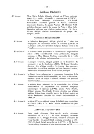 – 93 – 
Audition du 23 juillet 2014 
À 9 heures : Mme Marie Dubois, déléguée générale de l’Union nationale 
des services publics industriels et commerciaux (UNSPIC) ; 
M. Jean-Claude Boncorps, administrateur, MM. Franck 
Geretzhuber, secrétaire général, et Pascal Vermersch, 
responsable fiscalité, du groupe Auchan ; M. Philippe Wahl, 
président-directeur général du groupe La Poste et Mme Joëlle 
Bonnefon, déléguée aux relations parlementaires ; M. Hervé 
Pichon, délégué relations institutionnelles du groupe PSA 
Peugeot Citroën ..................................................................................... 215 
Auditions du 11 septembre 2014 
À 9 heures : M. Sébastien Darrigrand, délégué général de l’Union des 
employeurs de l’économie sociale et solidaire (UDES), et 
M. Hugues Vidor, vice-président chargé du dialogue social et de 
l’emploi ................................................................................................. 228 
À 9 heures 40 : M. Lamine Gharbi, président de la Fédération de l’hospitalisation 
privée (FHP), Mme Élisabeth Tomé-Gertheinrichs, déléguée 
générale, et Mme Béatrice Noellec, responsable de la veille 
sociétale et des relations institutionnelles ............................................. 233 
À 10 heures : M. Jacques Creyssel, délégué général de la Fédération du 
commerce et de la distribution (FCD), M. Renaud Giroudet, 
directeur des affaires sociales, M. Antoine Sauvagnargues, 
responsables des affaires publiques, et Mme Fabienne Prouvost, 
directrice de la communication et des affaires publiques. .................... 237 
À 10 heures 30 : M. Bruno Lucas, président de la commission économique de la 
Fédération française du bâtiment (FFB), M. Jean-Luc Mermillon, 
directeur fiscal, et Benoît Vanstavel, directeur des relations 
institutionnelles ..................................................................................... 241 
À 11 heures : M. Gilbert Font, président de la commission des affaires 
administratives du Groupement des industries françaises 
aéronautiques et spatiales (GIFAS), général Pierre Bourlot, 
délégué général, MM. Claude Bresson, directeur des affaires 
sociales, Jérôme Jean, conseiller auprès du délégué général, et 
Michel Déchelotte, directeur des affaires institutionnelles de 
SAFRAN .............................................................................................. 244 
À 11 heures 30 : M. Gérard Vincent, délégué général de la Fédération hospitalière 
de France (FHF), et M. Yves Gaubert, responsable du pôle 
finances ................................................................................................. 248 
Audition du 18 septembre 2014 
À 10 heures : Table ronde réunissant Mme Isabelle Martin, secrétaire 
confédérale de la CFDT ; M. Pascal Pavageau, secrétaire 
confédéral, et M. Philippe Guimard, conseiller confédéral de 
Force Ouvrière ; M. Alain Giffard, secrétaire national de la CFE-CGC 
; M. René Bertail, conseiller de la CFTC ; et M. Fabrice 
Pruvost, chargé de mission au pôle économique de la CGT ................ 252 
 