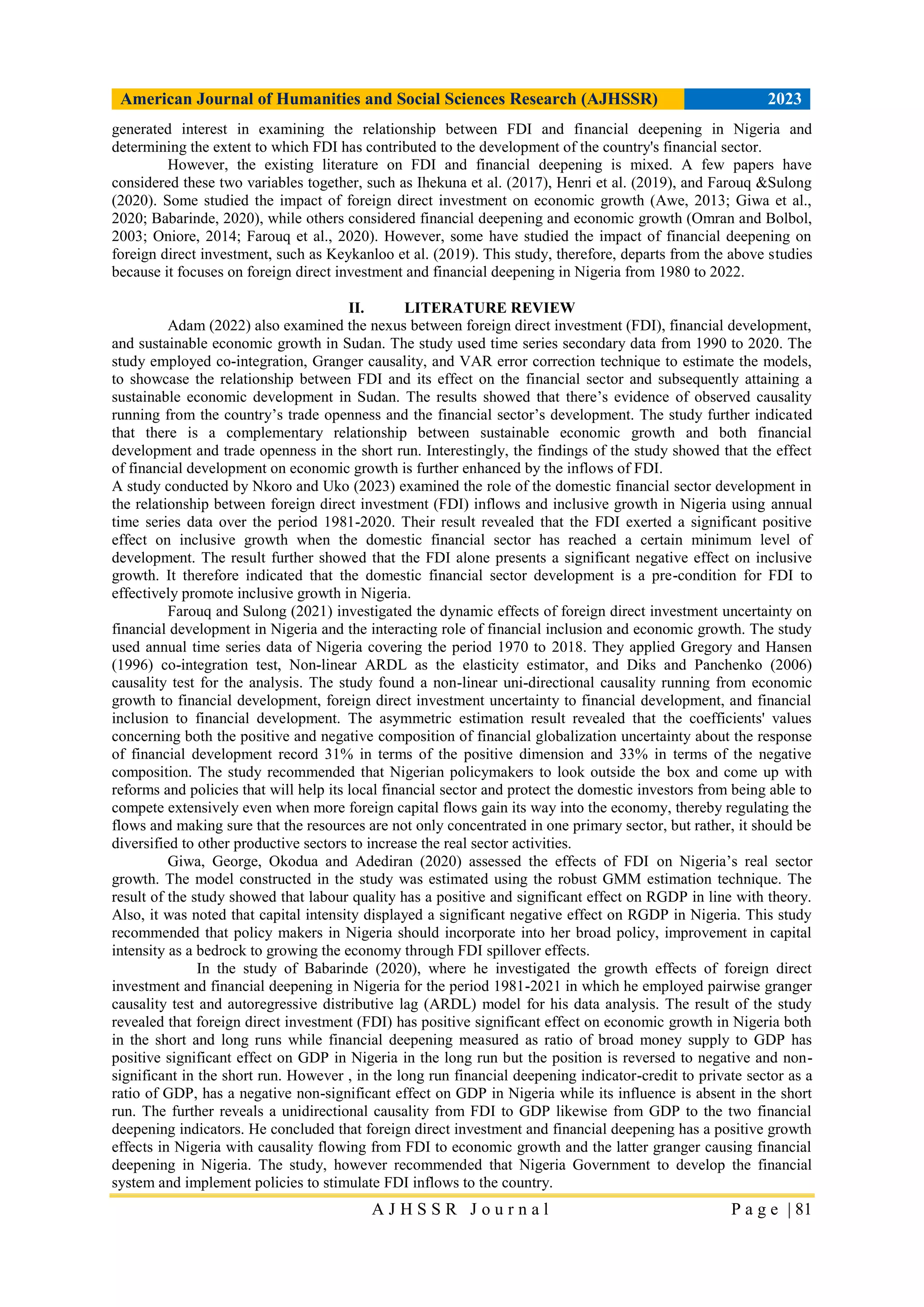 FINANCIAL DEEPENING AND FOREIGN DIRECT INVESTMENT IN NIGERIA PDF