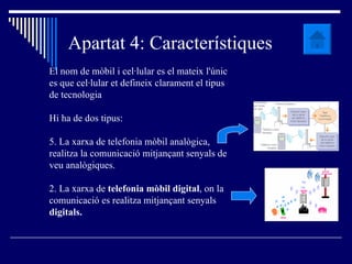 Apartat 4: Característiques El nom de mòbil i cel·lular es el mateix l'únic es que cel·lular et defineix clarament el tipus de tecnologia Hi ha de dos tipus:  La xarxa de telefonia mòbil analògica, realitza la comunicació mitjançant senyals de veu analògiques. 2. La xarxa de  telefonia mòbil digital , on la comunicació es realitza mitjançant senyals  digitals.   