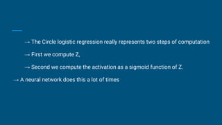 → The Circle logistic regression really represents two steps of computation
→ First we compute Z,
→ Second we compute the activation as a sigmoid function of Z.
→ A neural network does this a lot of times
 