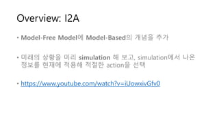 Overview: I2A
• Model-Free Model에 Model-Based의 개념을 추가
• 미래의 상황을 미리 simulation 해 보고, simulation에서 나온
정보를 현재에 적용해 적절한 action을 선택
• https://www.youtube.com/watch?v=iUowxivGfv0
 