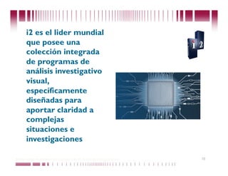 i2 es el lider mundial
       que posee una
       colección integrada
       de programas de
       análisis investigativo
       visual,
       específicamente
       diseñadas para
       aportar claridad a
       complejas
       situaciones e
       investigaciones

Puede confiar en Unitech. Nos respaldan más de 18 años de buenas prácticas   10
 