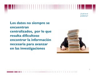 ¿Cuál es el 
                                                                             problema? 



    Los datos no siempre se
    encuentran
    centralizados, por lo que
    resulta dificultoso
    encontrar la información
    necesaria para avanzar
    en las investigaciones




Puede confiar en Unitech. Nos respaldan más de 18 años de buenas prácticas                  5
 