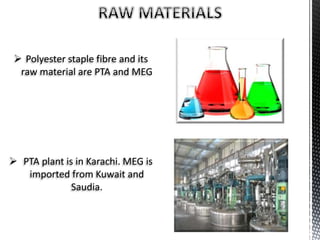  Polyester staple fibre and its
raw material are PTA and MEG
 PTA plant is in Karachi. MEG is
imported from Kuwait and
Saudia.
 