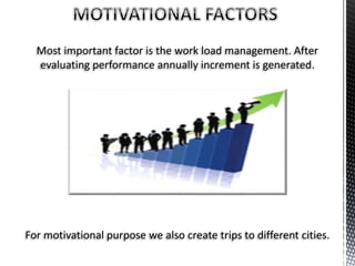 Most important factor is the work load management. After
evaluating performance annually increment is generated.
For motivational purpose we also create trips to different cities.
 