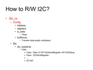 How to R/W I2C? i2c_rx Config Address registers is_write Flase bufferLen Transfer data length unit(bytes) Do I2c_readwrite FSM Case : Start ()? NT=I2CSendRegister: NT=I2CSetup; Case : I2CSendRegister .. … . ST=NT; 