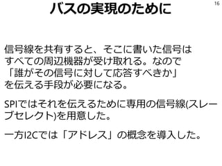 「バス」の概念
IOピンを節約するために、
複数の周辺機器に個別に配線せず、
みんなで一つの信号線を共有しよう！
→「バス」の概念の誕生
16
 
