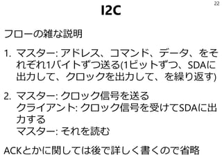 余談(USB)
UART～I2Cと色々なシリアル通信の方法があり、
SPIとI2Cはバスを採用していることを解説した。
この延長線にあるのがUSB(Universal Serial Bus)
USBはGNDと、信号線D+/-と*、電力供給のVBUS
の4本からなる。クロックはD+/-の差分を使って
伝える。(信号線が2本なところは同じ)
22
* Dが2本ある理由: ケーブルが電波を受けた時に2本に同じようにノイズが乗るので、差
分を取ることでノイズ除去できる。あとクロック。
https://en.wikipedia.org/wiki/USB
 