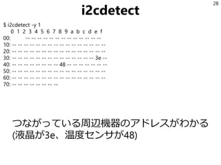 Raspberry Piにつなぐ
Raspberry Pi 3のピン番号1, 3, 5, 9がそれぞれ
3.3V、SDA1、SCL1、GNDなのでそこへつなぐ
28
奥に3本あるのは本題と関係ない。6, 8, 10がGND, TX, RXで、PCからUSB-UARTを使って
シリアルコンソールに接続して作業している。
 