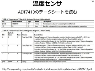SMBus
Pythonから制御するにはsmbusライブラリを使う
SMBus(System Management Bus)はI2Cから派生
したプロトコルで、このライブラリでもI2Cを読
み書きできる。
31
I2C and SMBus Subsystem
https://www.kernel.org/doc/htmldocs/device-drivers/i2c.html
 