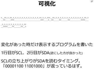 文字コード
文字コードは
ASCIIとかではない
のでPython文字列
から文字コード列
を作る対応付けは
自分で書く必要が
ある
37
 