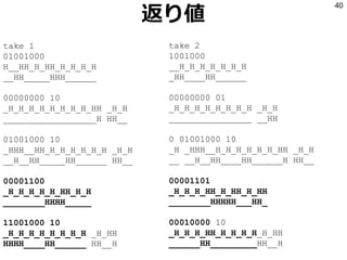 可視化
変化があった時だけ表示するプログラムを書いた
1行目がSCL、2行目がSDA(逆にした方が良かった)
「00001100 11001000」が返っているはず。 SCL
の立ち上がりでSDAを読んでみる(次ページ)
40
H__HH_H_HH_H_H_H_H_H_H_H_H_H_H_H_H_HH_H_H_HHH__HH_H_H_H_H_H_H_H_H_H_H_H_H_H_HH_H
__HH_____HHH________________________HHH____H__HH_____HH______HH__________HHHH___
_H_H_H_H_H_H_H_H_H_H_HH
__HHHH____HH______HH__H
 