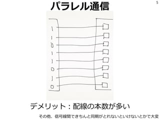 パラレル通信
デメリット：配線の本数が多い
5
その他、信号線間できちんと同期がとれないといけないとかで大変
 
