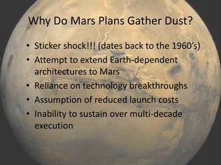Why Do Mars Plans Gather Dust?
• Sticker shock!!! (dates back to the 1960’s)
• Attempt to extend Earth-dependent
architectures to Mars
• Reliance on technology breakthroughs
• Assumption of reduced launch costs
• Inability to sustain over multi-decade
execution
 