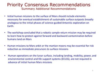 Priority Consensus Recommendations
Summary Additional Recommendations
9
• Initial human missions to the surface of Mars should include elements
necessary for eventual establishment of sustainable surface outposts broadly
analogous to the initial phases of science-guided Antarctic exploration on
Earth.
• The workshop concluded that a robotic sample return mission may be required
to learn how to protect against forward and backward contamination before
humans land on Mars
• Human missions to Mars orbit or the martian moons may be essential for risk
reduction as immediate precursors to surface missions
• Human operations on the lunar surface, including landing, mobility, power, and
environmental control and life support systems (ECLSS), are not required in
advance of initial human Mars missions
 