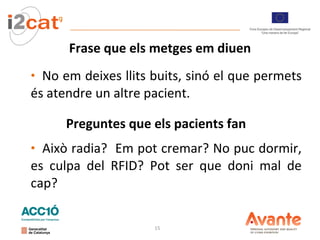 Frase que els metges em diuen No em deixes llits buits, sinó el que permets és atendre un altre pacient. Això radia?  Em pot cremar? No puc dormir, es culpa del RFID? Pot ser que doni mal de cap?  Preguntes que els pacients fan 
