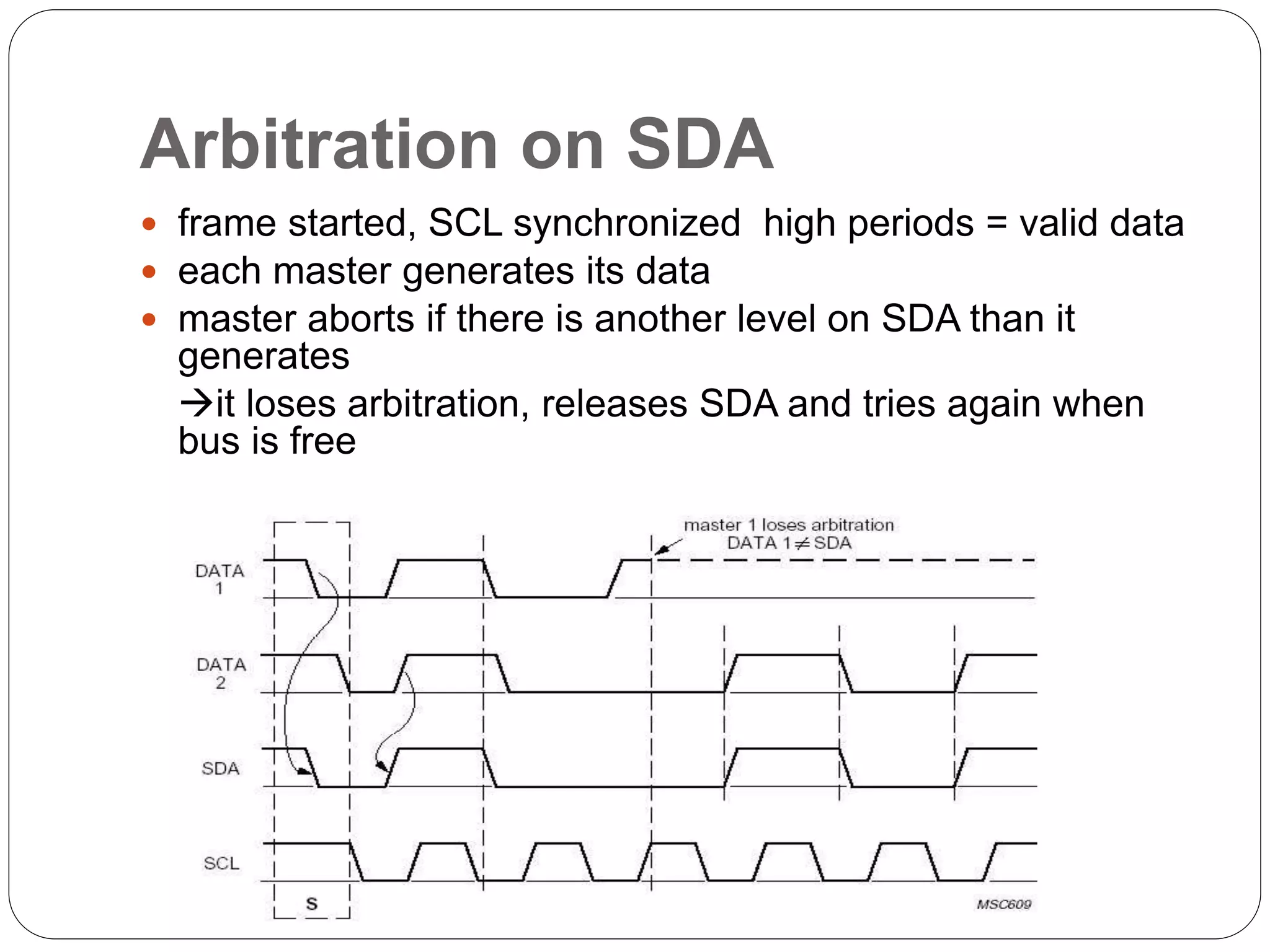 Arbitration on SDA
 frame started, SCL synchronized high periods = valid data
 each master generates its data
 master aborts if there is another level on SDA than it
generates
it loses arbitration, releases SDA and tries again when
bus is free
 