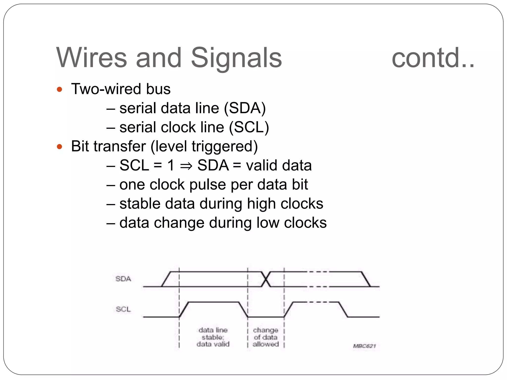 Wires and Signals contd..
 Two-wired bus
– serial data line (SDA)
– serial clock line (SCL)
 Bit transfer (level triggered)
– SCL = 1 ⇒ SDA = valid data
– one clock pulse per data bit
– stable data during high clocks
– data change during low clocks
 