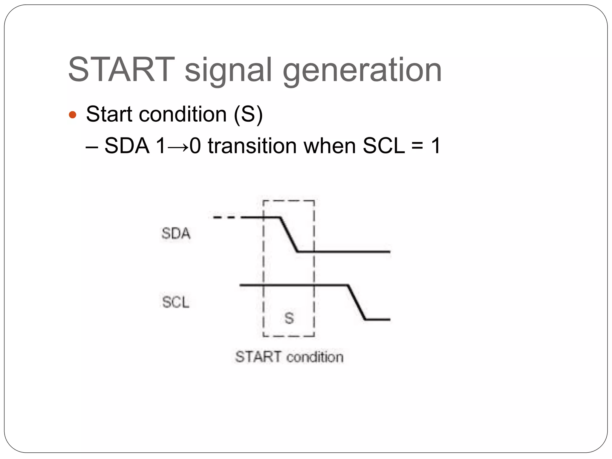 START signal generation
 Start condition (S)
– SDA 1→0 transition when SCL = 1
 