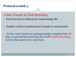 Protocol (contd..)
Data Transfer & Clock Stretching
 Each byte has to followed by Acknowledge Bit.
 Number of Byte transferred per transfer is unrestricted .
 If slave can’t receive or transmit another complete byte of
data, it can hold the clock line SCL LOW (clock stretching)
to force the master in to wait state.
2/13/2015
20
 
